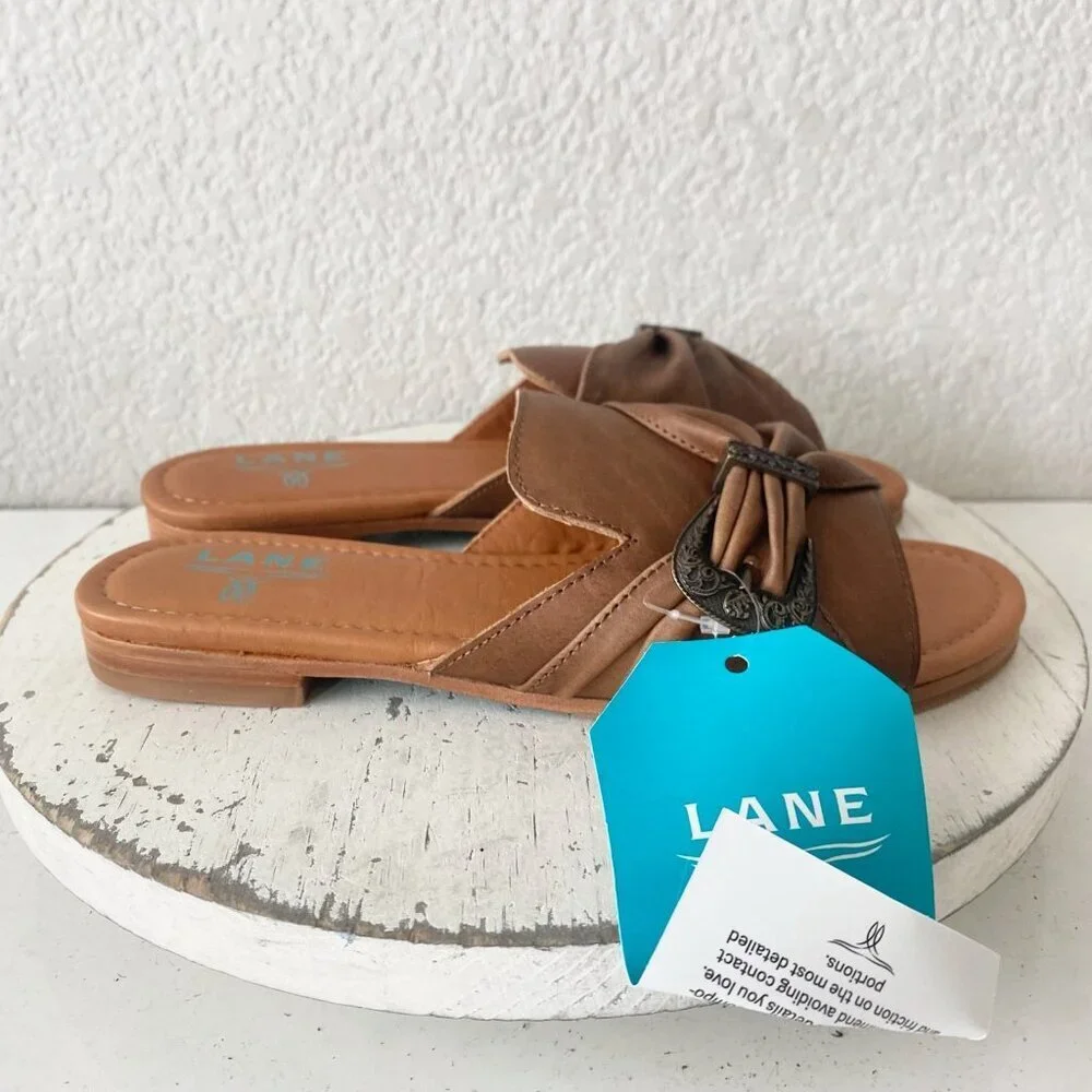 Lane Boots PONY UP Western Sandals Brown Leather Cowgirl Slip on Buckle Flats 10